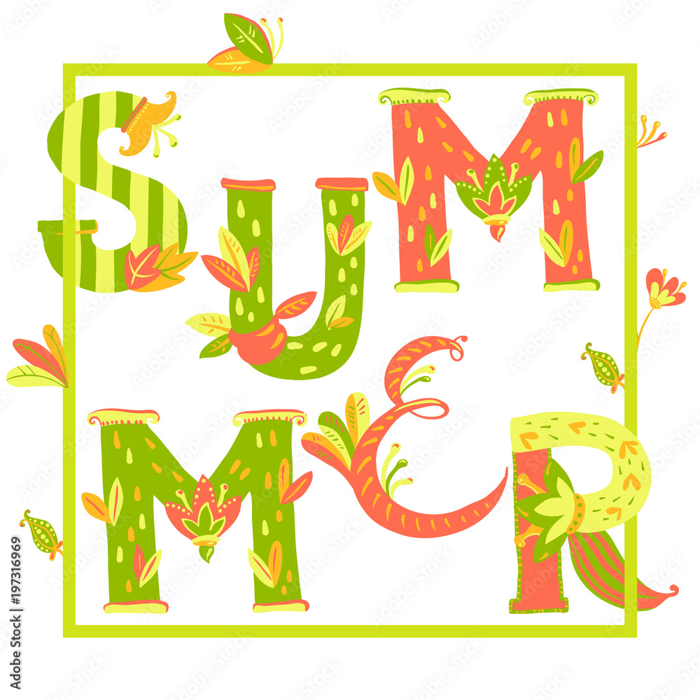 Hand lettering composition. Floral alphabet. Summer composition