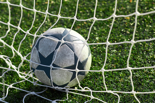 A modern soccer ball at the gate behind the net. © SKfoto