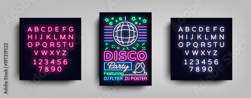 Disco party poster neon banner. Nightclub party, neon style flyer, disco ball, musical night posters template, neon advertising party, concert, disco. Vector Illustrations. Editing text neon sign