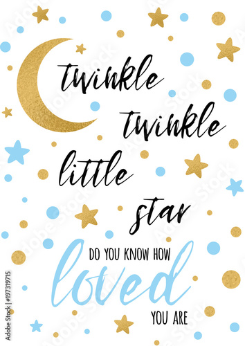 Twinkle twinkle little star text with golden oranment and blue star for boy baby shower banner template