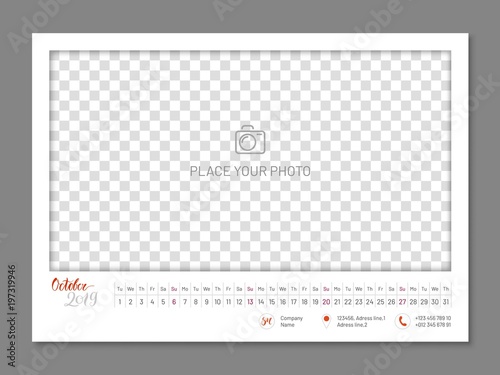 Practical wall planner, october 2019 year, flat. Useful calendar for taking every day notes with copyspace. Vector illustration