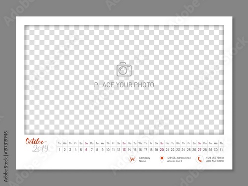 Practical wall planner, october 2019 year, flat. Useful calendar for taking every day notes with copyspace. Vector illustration