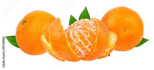 Fresh mandarin orange with leafs isolated on white background with clipping path