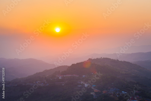 sunrise in front of pagoda at Wat Santikhiri Temple in Mae Salong  nothern Thailand.Srinakarin Sathit Maha Santi Khiri Pagoda at Doi Mae Salong Chaing RaiThailand.