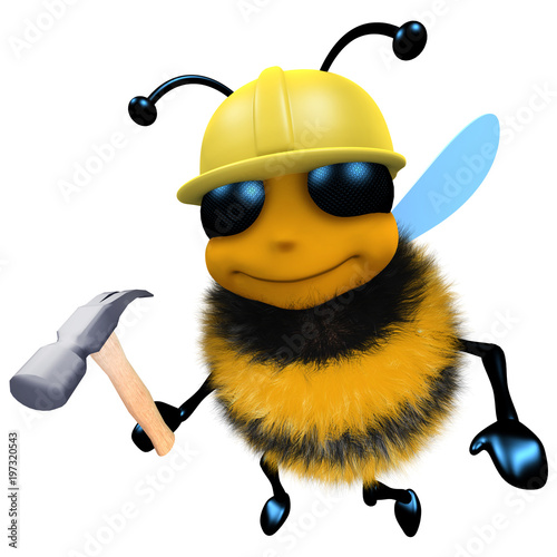 3d Funny cartoon honey bee construction worker character holding a hammer