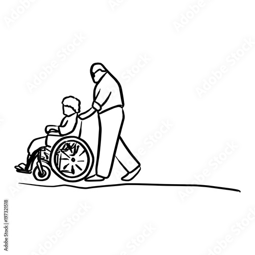 old man helping his wife on wheelchair vector illustration sketch hand  drawn with black lines isolated on white background Stock Vector | Adobe  Stock