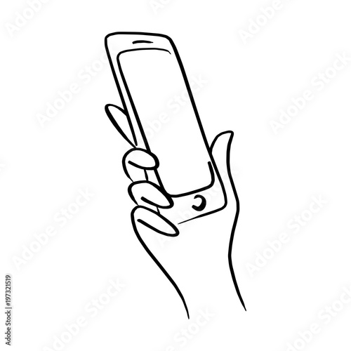 close-up right hand using mobile phone vector illustration sketch hand drawn with black lines isolated on white background