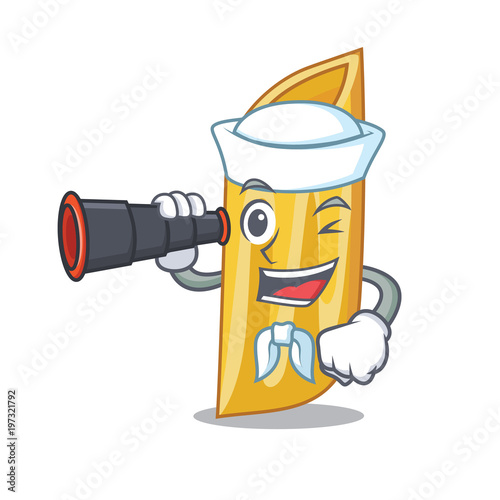 Sailor with binocular penne pasta character cartoon