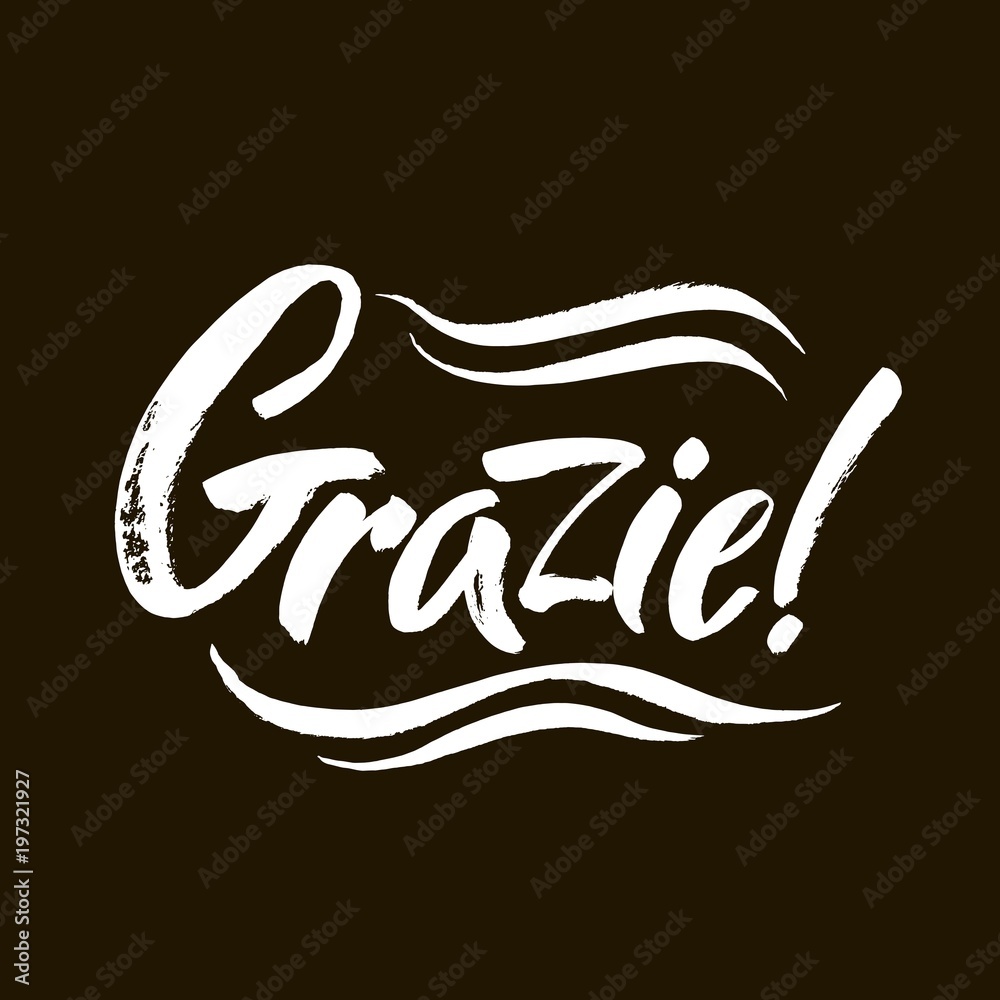 Grazie - thank you in Italian. Calligraphy inscription, white word on black background. Handwritten note. Vector Grazie - thank you in Italian. Calligraphy inscription, white word on black background. Handwritten note. Vector
