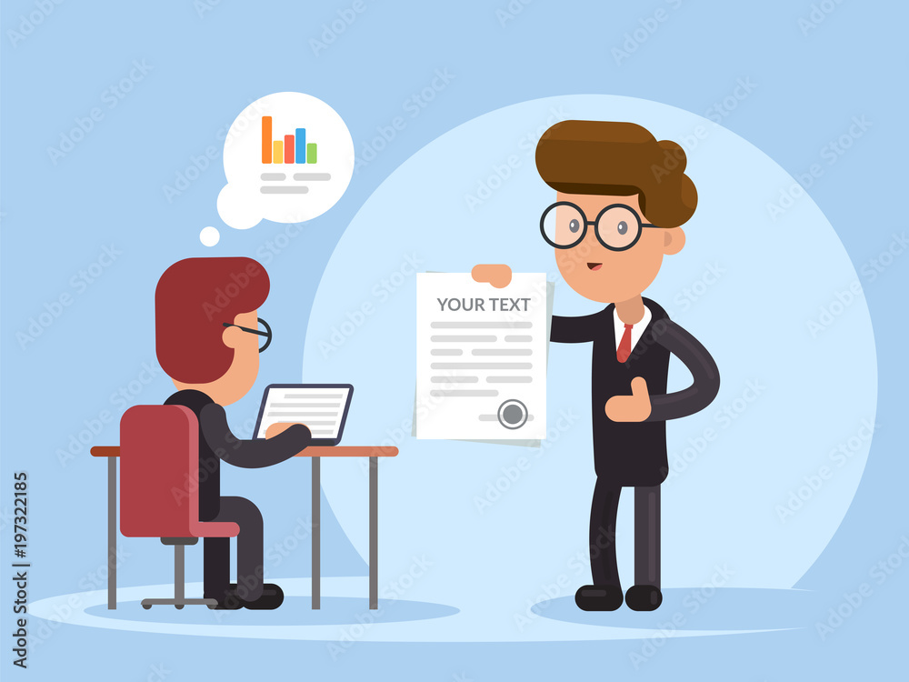 Businessman and document. Presentation contract, document. Business strategy and finance. Flat vector illustration. Businessman and document. Presentation contract, document. Business strategy and finance. Flat vector illustration.