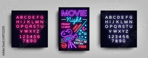 Movie Night poster design template in neon style. Neon Sign, Light Banner, Flyer, Design Postcard, Promotional Brochure, Neon Night Cinema Advertising. Vector Illustrations. Editing text neon sign