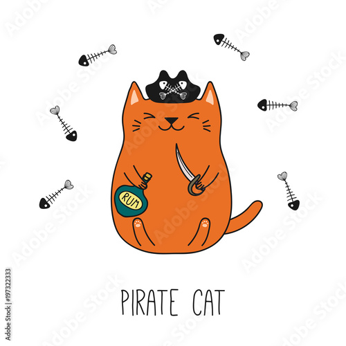 Hand drawn vector illustration of a kawaii funny pirate cat in a tricorne hat, holding cutlass, bottle of rum. Isolated objects on white background. Line drawing. Design concept for children print.