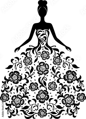 Girl in a dress with floral ornament silhouette