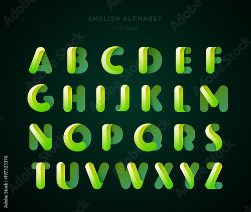 Vector abstract eco English alphabet. Material design, origami paper, funny, modern, vegan, vegetarian glossy style. Letters collection