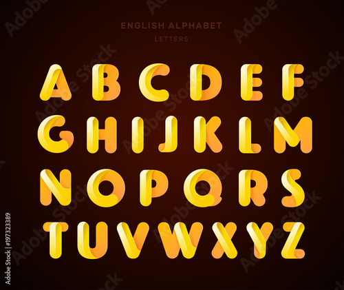 Vector abstract sunshine yellow English alphabet. Material design, origami paper, funny, modern, glossy style. Letters collection