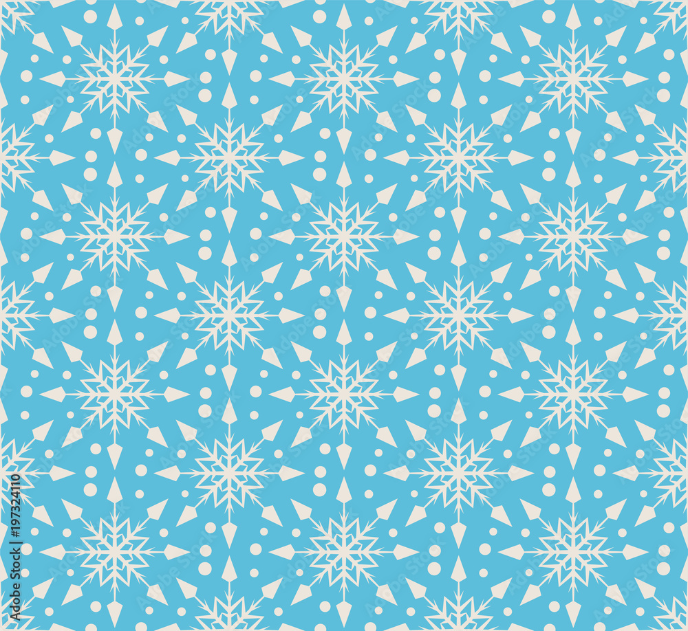 Seamless pattern for packing Christmas gifts. Abstract White snowflakes on a blue background. Holiday winter pattern. Template for your desing, background, paper for wrapping, fabric. Vector art Seamless pattern for packing Christmas gifts. Abstract White snowflakes on a blue background. Holiday winter pattern. Template for your desing, background, paper for wrapping, fabric. Vector art