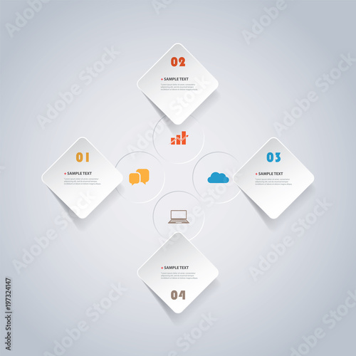 Colorful Modern Paper Cut Style Infographics Design - Set of Minimalist Numbered Geometric Shapes, Round Squares and Circles with Icons