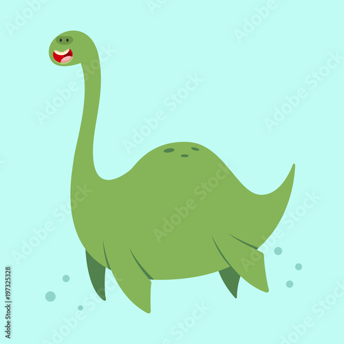 Cute cartoon loch ness monster. Vector illustration of a nessie character isolated on a blue background.