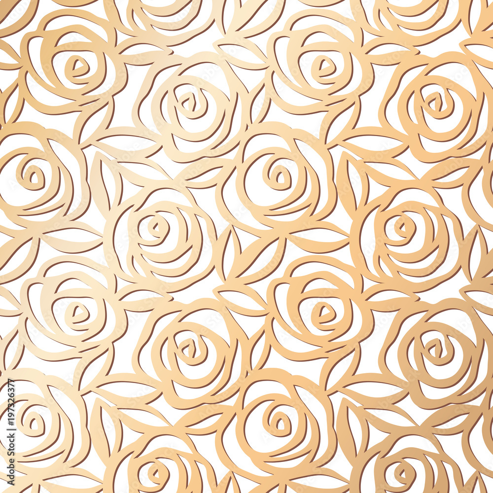 Ornamental rose floral golden pattern. Pink gold seamless texture. Roses with leaves background. Vector illustration.