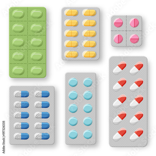 Set of realistic pills blisters with tablets and capsules. Plastic package with medical drugs. Vector mockups isolated on white background.