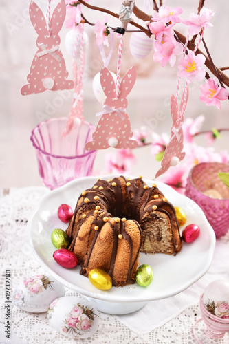 easter festive table with marble ring cake