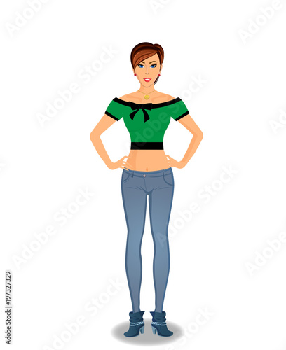 beautiful young woman cartoon character in tight blue jeans