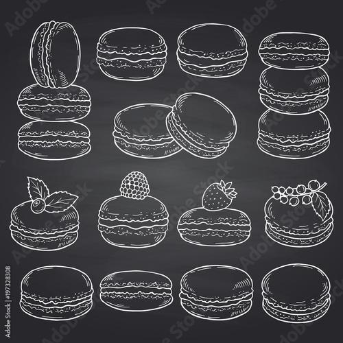 Vector set of hand drawn macaroons on chalkboard illustration