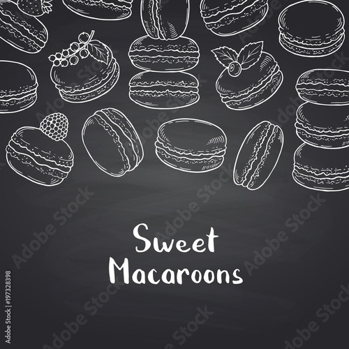 Vector background on black chalkboard with hand drawn macaroons