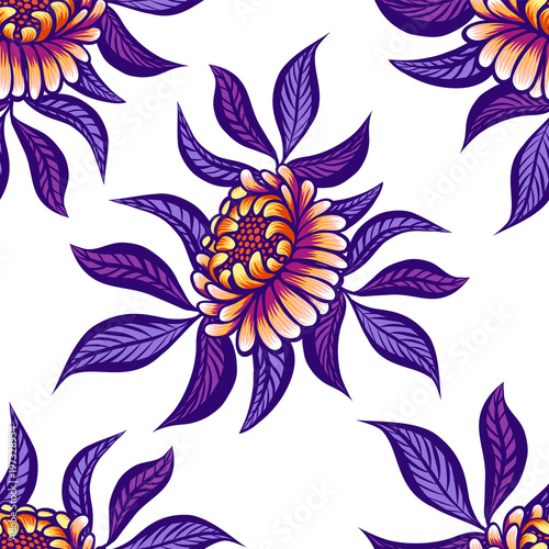 Seamless tropical pattern. Tropical plants and flowers in coral, orchid and v...