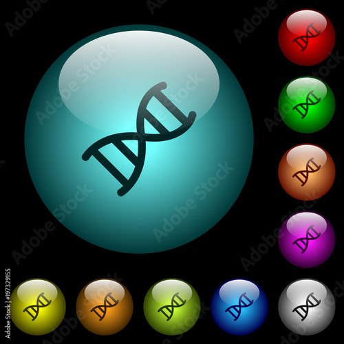 DNA molecule icons in color illuminated glass buttons