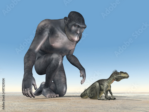 Homo habilis und der Dinosaurier Megalosaurus