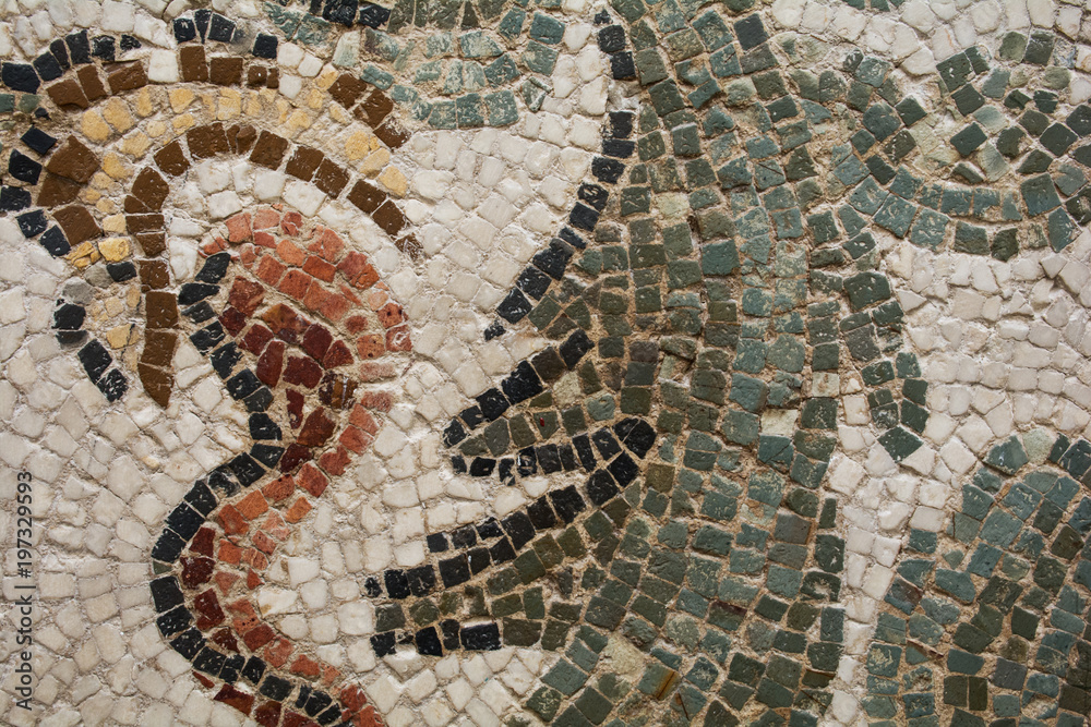 Ancient, old mosaic. decorative art. Abstract texture and background for design, templates, cards, ornaments.