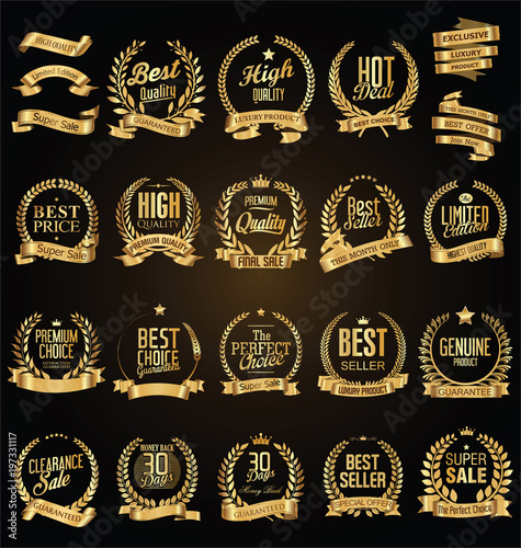 Golden laurel wreath with golden ribbons vector illustration collection