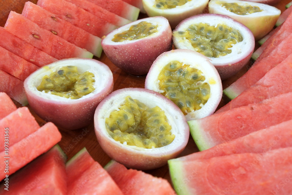 Passion fruit and watermelon slices served on a tray in Rarotonga, cook Islands