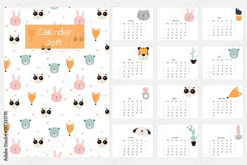 Cute calendar 2019 with animals and flowers. Vector hand drawn illustration.