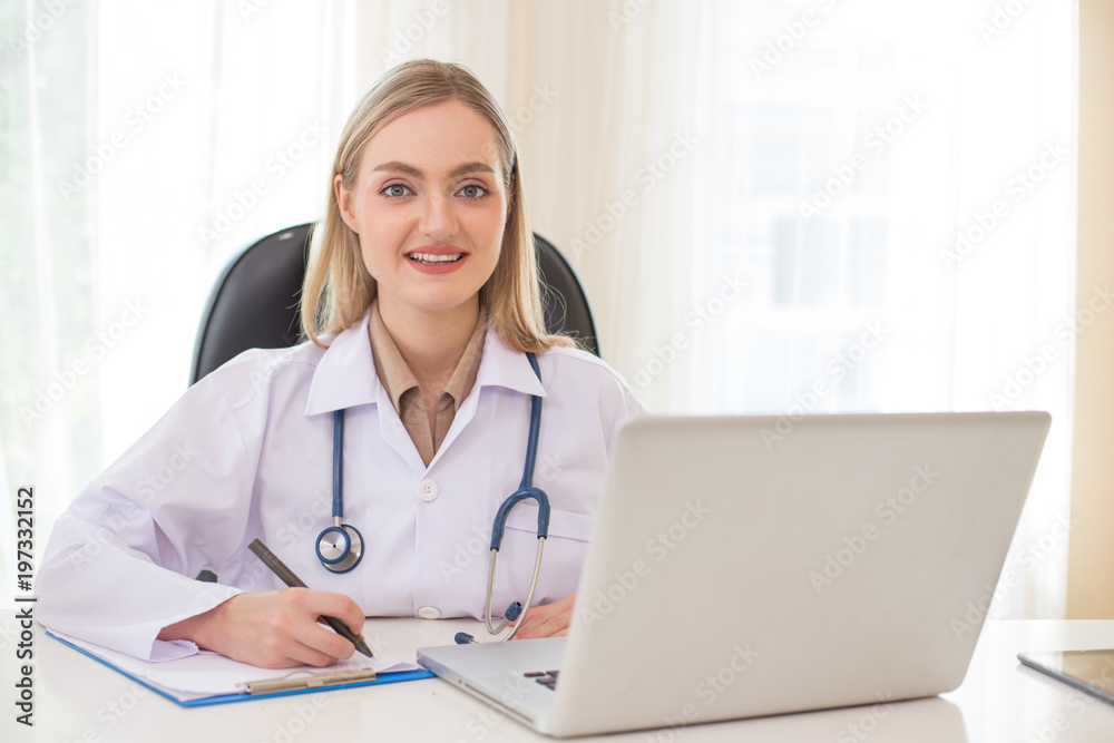 Portrait of Female Doctor using laptop with happy emotion. People with healthcare and medical concept. Portrait of Female Doctor using laptop with happy emotion. People with healthcare and medical concept.