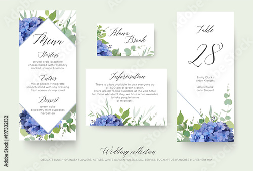 Wedding floral personal menu, place, information, table number card design set with elegant blue hydrangea flowers, white garden roses, green eucalyptus, lilac branches, greenery leaves & cute berries