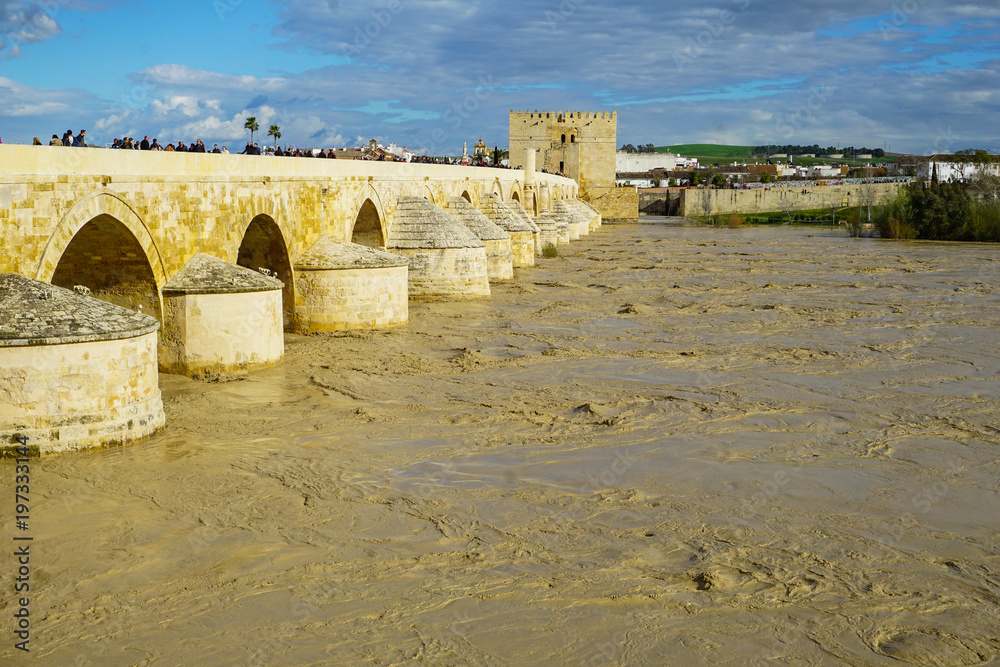 puente romano sobre el río guadalquivir lleno de agua