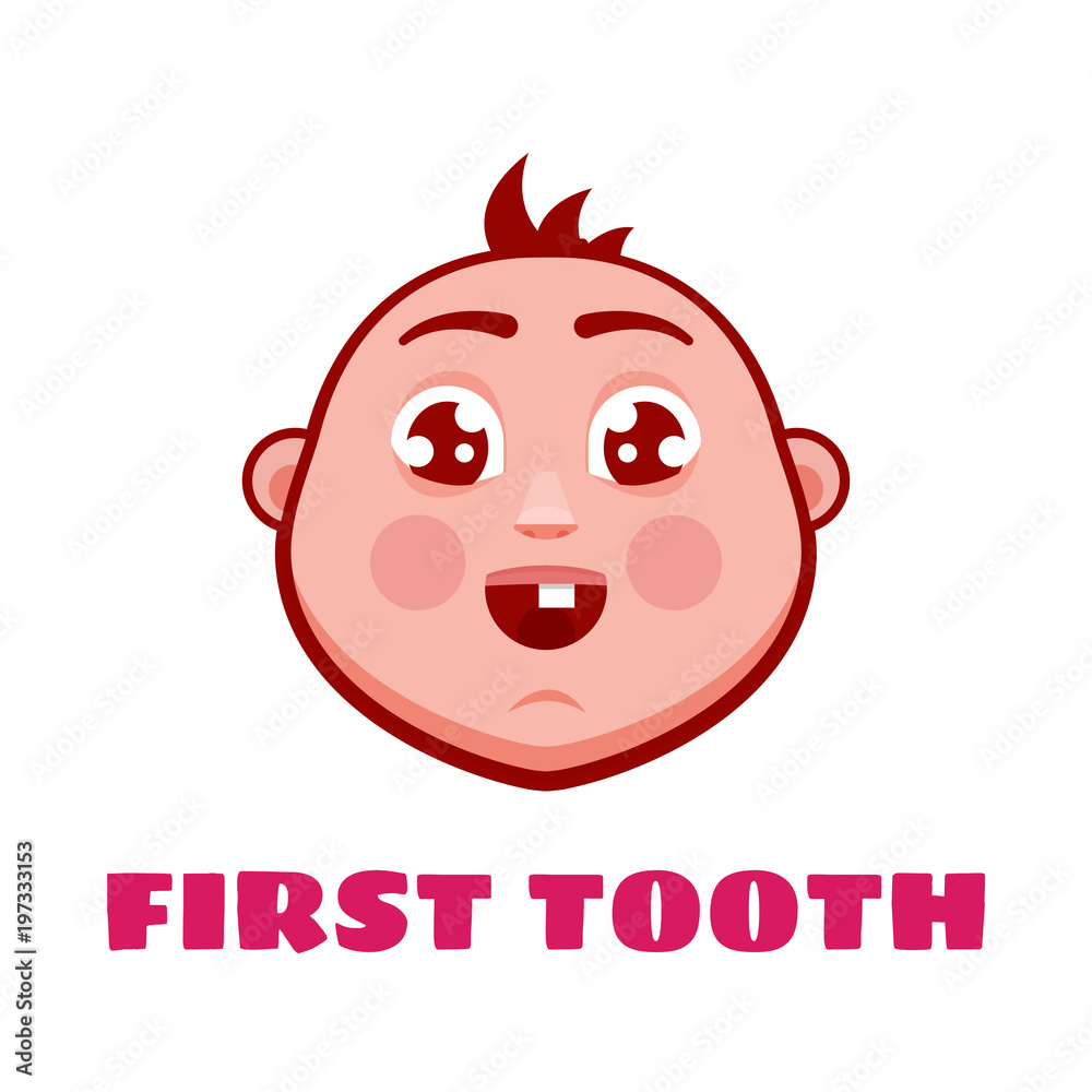  First tooth greetings card. Cartoon cute baby. Vector illustration