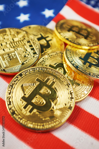 Bitcoin Gold Color on the Flag of USA. Cryptocurrency on Background of Flag of United States of America