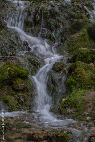 Waterfall in the forest. Green moss and stones.