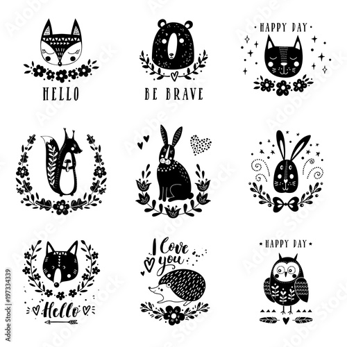 Vector set of cute animals: fox, bear, rabbit, squirrel, wolf, hedgehog, owl, cat. Illustrations for children's prints, greetings, posters, t-shirt, packaging.