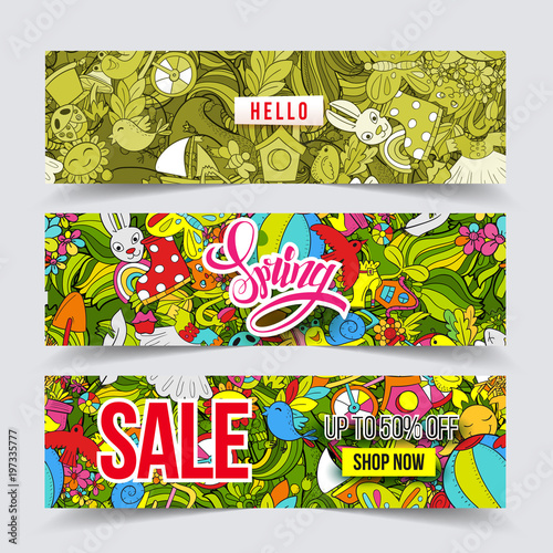 Cartoon vector hand-drawn Doodle Spring Sale banner set. hprizontal cards design templates collection. Season pattern, bright colors. photo