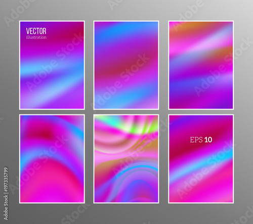 Holographic background set. Vibrant neon pastel texture. Hologram for print and web design. Hipster style backdrops. Trendy vector illustration for fashion or printed products.