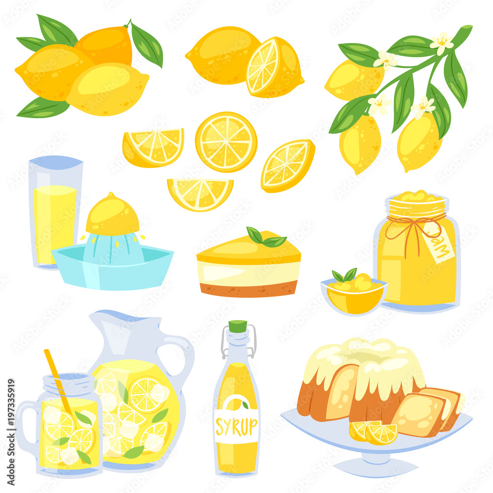 Lemon food vector lemony yellow citrus fruit and fresh lemonade or natural juice illustration set of lemon cake with jam and citric syrup isolated on white background