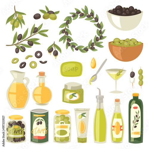 Olive vector oliveoil bottle with virgin oil and olivaceous ingredients for vegetarian food illustration set of olivebranch or olivet for wreath isolated on white background