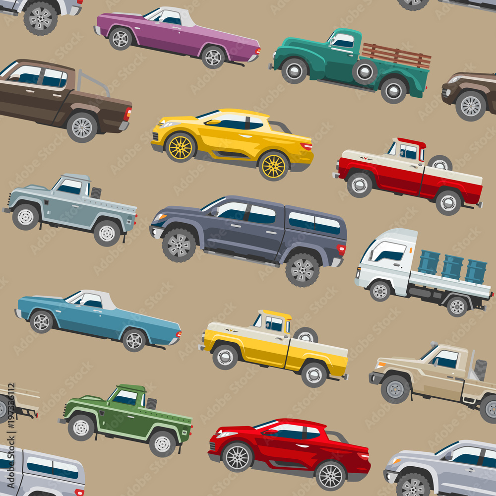 Pickup car vector auto delivery transport pick up offroad automobile vehicle or truck and mockup isolated citycar on seamless pattern background