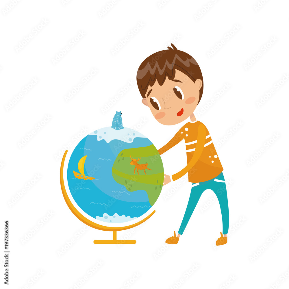 Fototapeta premium Boy learning geography with big school globe, preschool activities and early childhood education concept vector Illustration