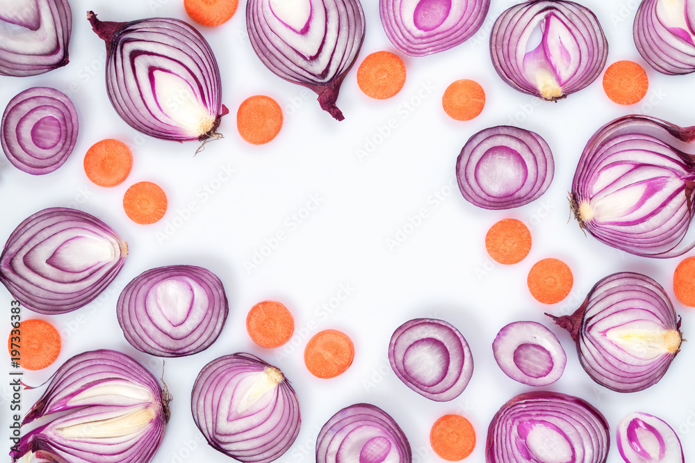 Sliced red onion on a white background