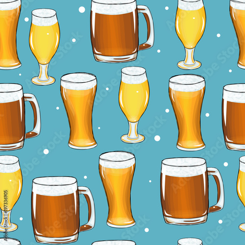 a seamless tile with set of three different drinks, a glass, a jar and a mug of light, medium and dark beer with foam on blue background